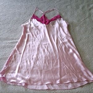 Elegant Pink Satin Chemise with Lace Trim